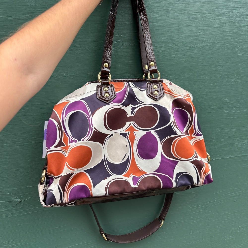 Coach Poppy Signature Sateen Applique Satchel Purple Orange Brown F20118 Womens - Picture 6 of 8
